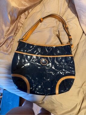 Coach Navy Patent Leather Hobo Bag with Tan Trim